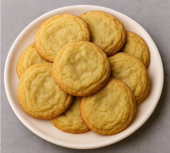 Plate full of soft and chewy sugar cookies on a gray counter