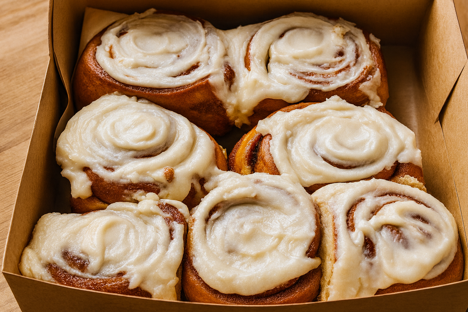 Cinnamon rolls in an 8×8 kraft box with vanilla glaze