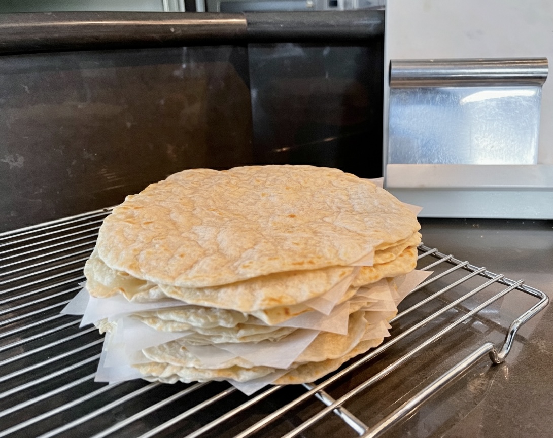 Stack of hand-rolled flour tortillas on a cooling rack, separated with parchment paper